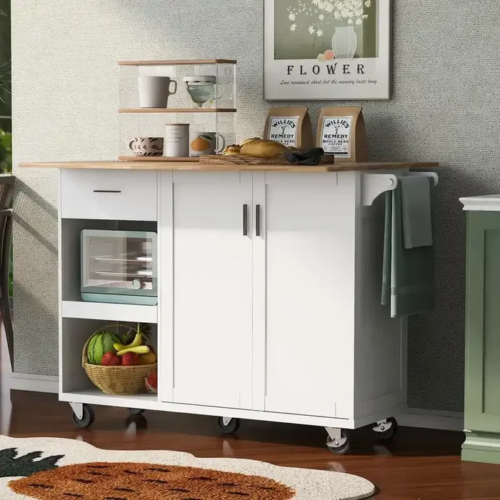 White Wood 47.2 in. Kitchen Island with Drawers and Towel Rack Wheels for Kitchen, Living Room