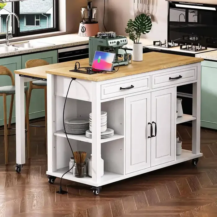 White Wood 47.2 in. W Kitchen Island with Extendable Dining Table, Open Shelves, 2-Drawers and 2-Doors
