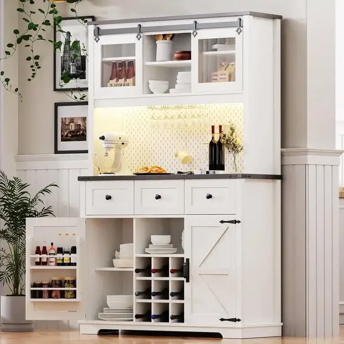 White Wood 47 in. Kitchen Island Pantry Bar Cabinet with Power Outlet, Pegboard, Wine and Glasses Rack, 3-Drawers