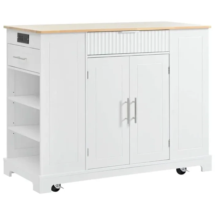 White Wood 48.5 in. Kitchen Island with 3-Drawers and 3-Open Side Racks for 10 Gal. Garbage Bin