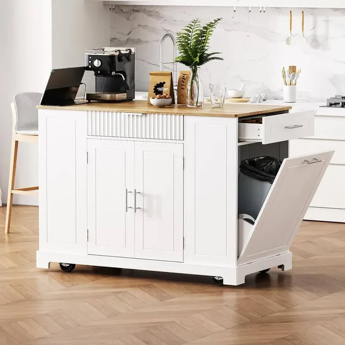 White Wood 48.5 in. Kitchen Island with 3 Open Side Racks, 2 AC Outlets, 1 USB Port, 1 Type-C