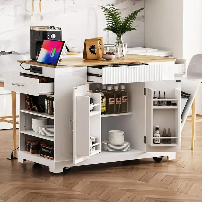 White Wood 48.5 in. Rolling Kitchen Island with Power Outlet and Trash Cabinet