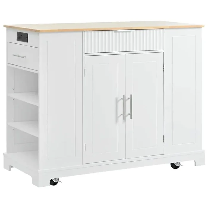 White Wood 48.50 in. Kitchen Island with Trash Can Storage Cabinet, Power Outlet, 3 Drawer, 3 Open Side Racks