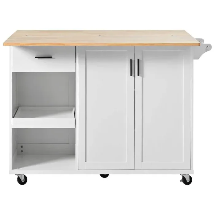 White Wood 49 in. Kitchen Island with Slide-Out Shelf, Towel Rack and Drawer