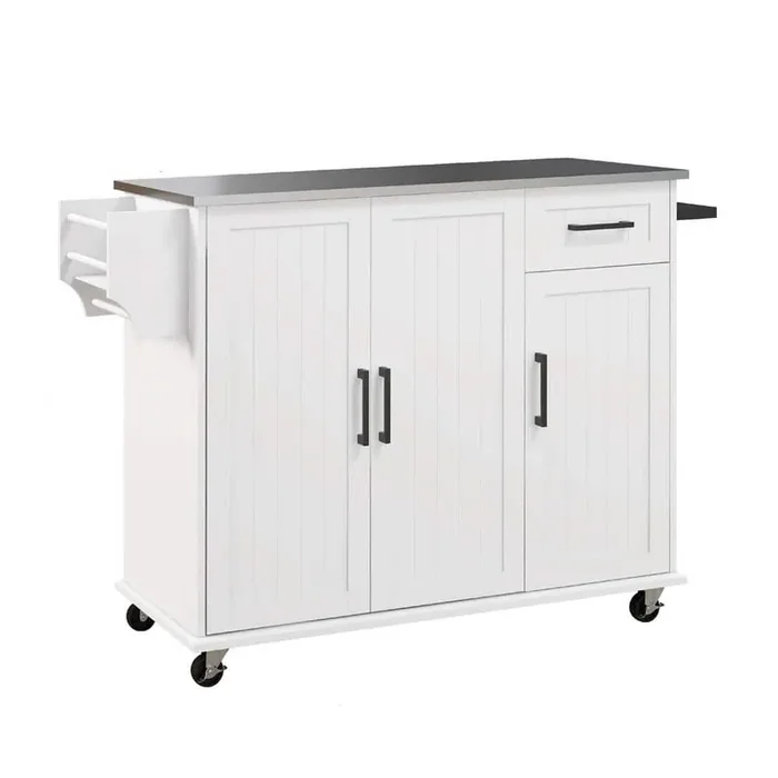 White Wood 50.50 in. Kitchen Island, Kitchen Cart with Drawer, Spice Rack and Towel Rack