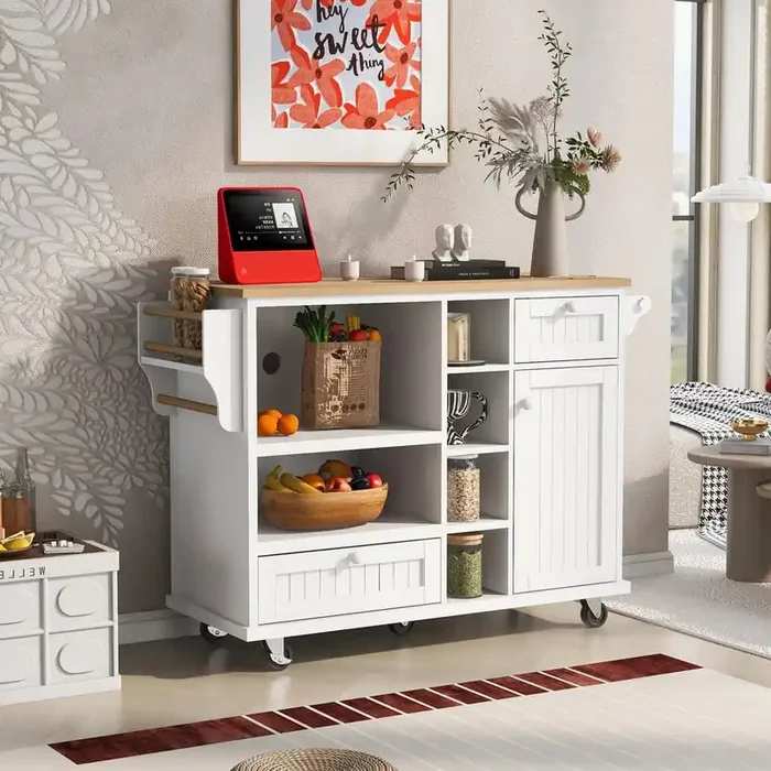 White Wood 50.8 in. Kitchen Island with Solid Wood Desktop, Microwave Cabinet and Adjustable Shelves for Kitchen Room