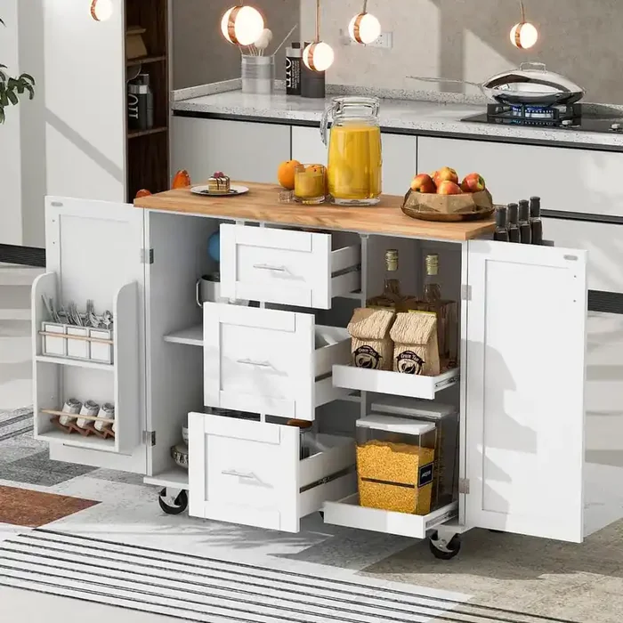 White Wood 50 in. Kitchen Island with Kitchen Storage Cart with Spice Rack Towel Rack