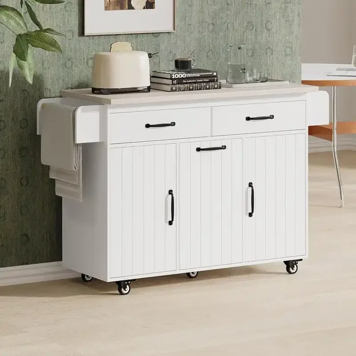 White Wood 51.06 in. Kitchen Island with Trash Can Storage Cabinet, Drop Leaf, Spice Rack, Towel Rack and Drawer