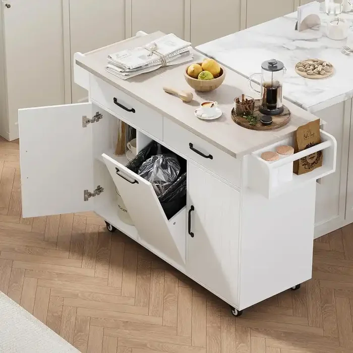 White Wood 51.06 in. Rolling Kitchen Island with Drop Leaf and Adjustable Shelf