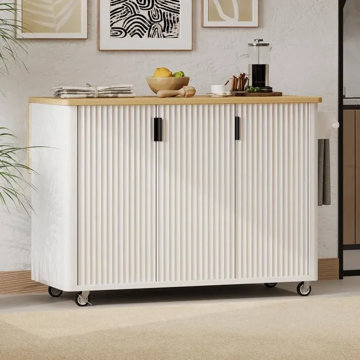 White Wood 51.3 in. Kitchen Island with Drop Leaf, Kitchen Cart with with 3 Doors, Towel Rack