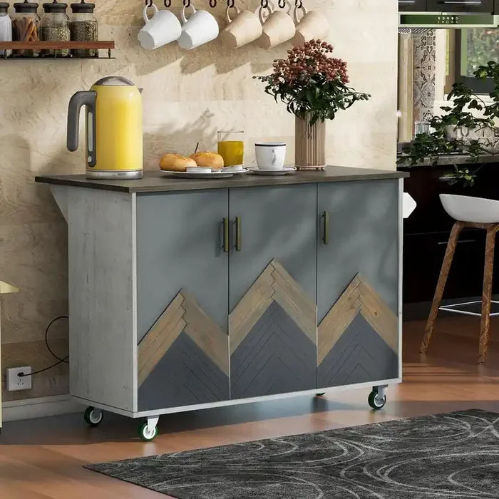 White Wood 51.6 in. Rolling Kitchen Island on Wheels with Drop Leaf, 3-Doors, Spice Rack and Adjustable Shelves