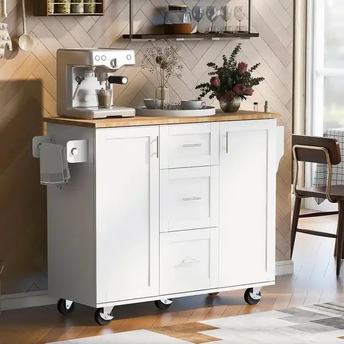 White Wood 51 in. Kitchen Island with 3-Drawer, 2-Slide-Out Shelf, towel rack, spice rack adjustable shelves wood feet