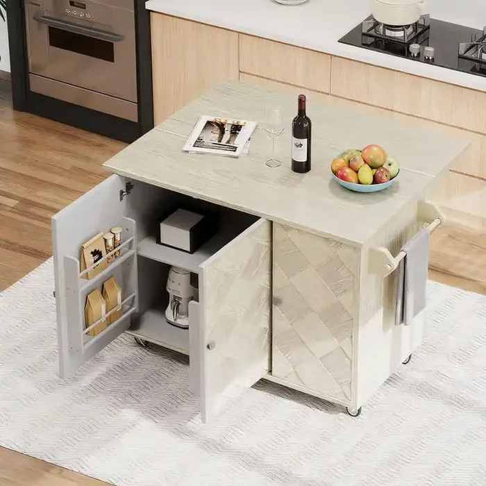 White Wood 51 in. Kitchen Island with Ash Veneer Solid Wood Handwoven, Drop Leaf and Internal Storage Rack for Outdoors