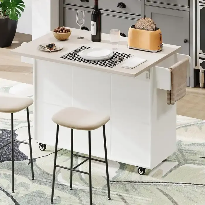 White Wood 51 in. Kitchen Island with Drawers&with Trash Can, Rolling Kitchen Cart on Wheels, Farmhouse Storage Cabinet