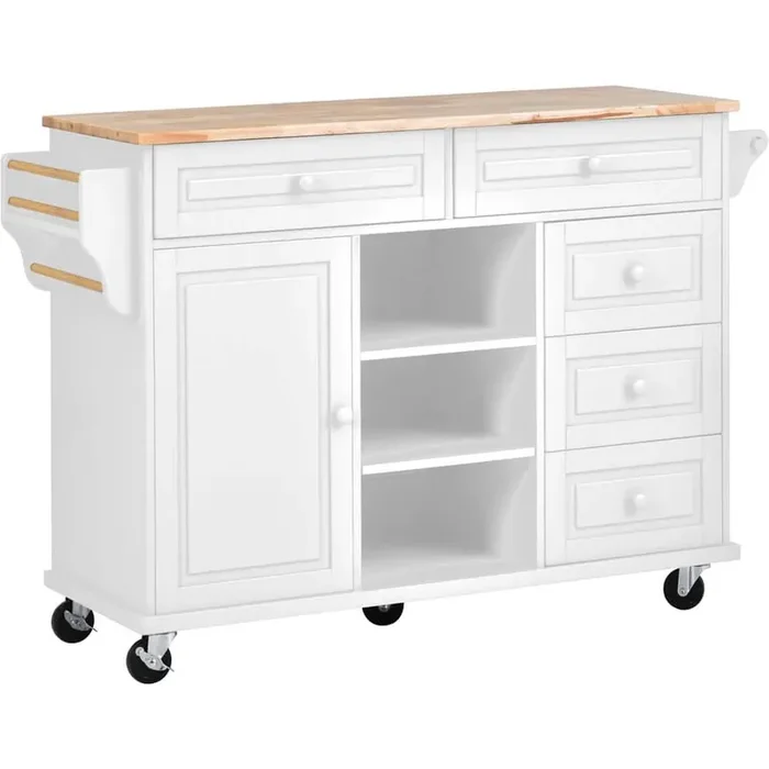 White Wood 52.8 in. Kitchen Island with 5 Drawers and Open Adjustable Shelf, 5 Wheels, Spice Rack, Towel Rack