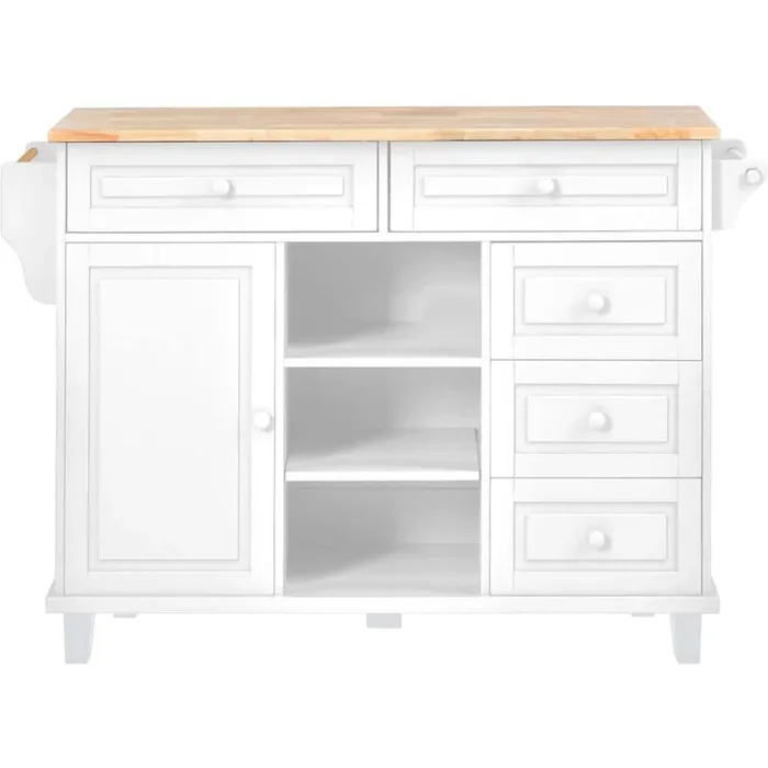 White Wood 52.8 in. Kitchen Island with 5-Wheels, Storage Cabinet, 5-Drawers, Towel Rack