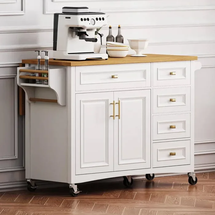 White Wood 52 in. Embossed Texture Kitchen Island on Wheels with Drop Leaf and Adjustable Shelf