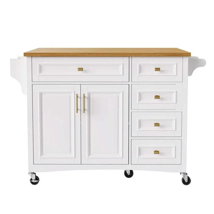 White Wood 52 in. Kitchen Island on Wheels with Drop Leaf, Spice Rack, Towel Rack, 2-Doors and 5-Drawers