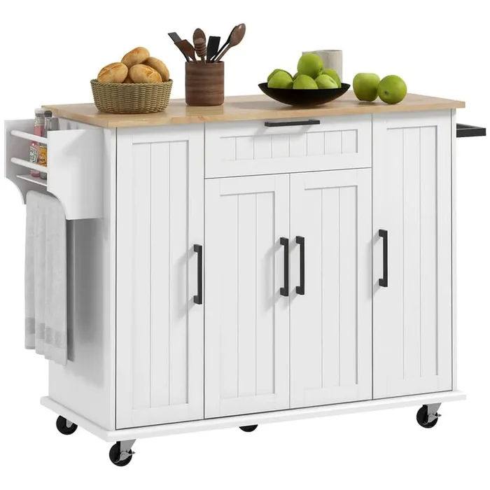 White Wood 52 in. Kitchen Island with Cabinets