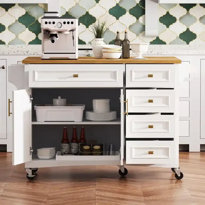 White Wood 52 in. MDF Kitchen Island with Drop Leaf and Spice Rack