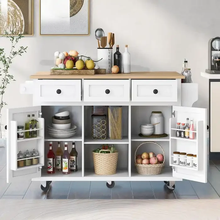 White Wood 53.1 in. Kitchen Island with 3 Drawers and Drop-Leaf Countertop