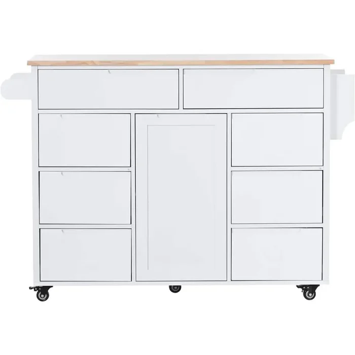 White Wood 53.1 in. Kitchen Island with 8 Handle-Free Drawers and 5 Wheels for Kitchen Dinning Room