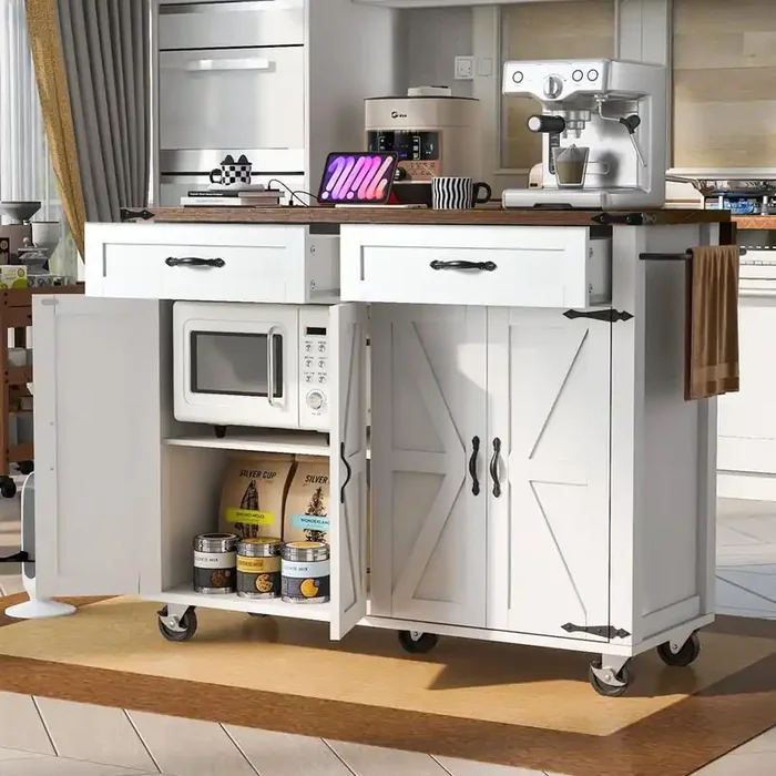 White Wood 53.5 in. Kitchen Island with Power Outlet, Drop Leaf and Drawers