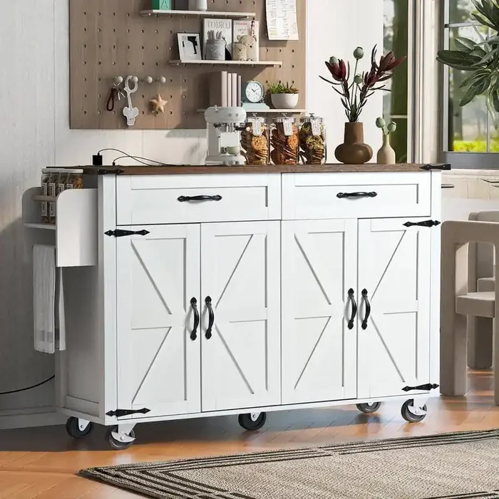 White Wood 53.50 in. Kitchen Island with Drawer, Drop Leaf, Power Outlet, Lockable Wheel, Spice Rack,Towel Rack, Cabinet