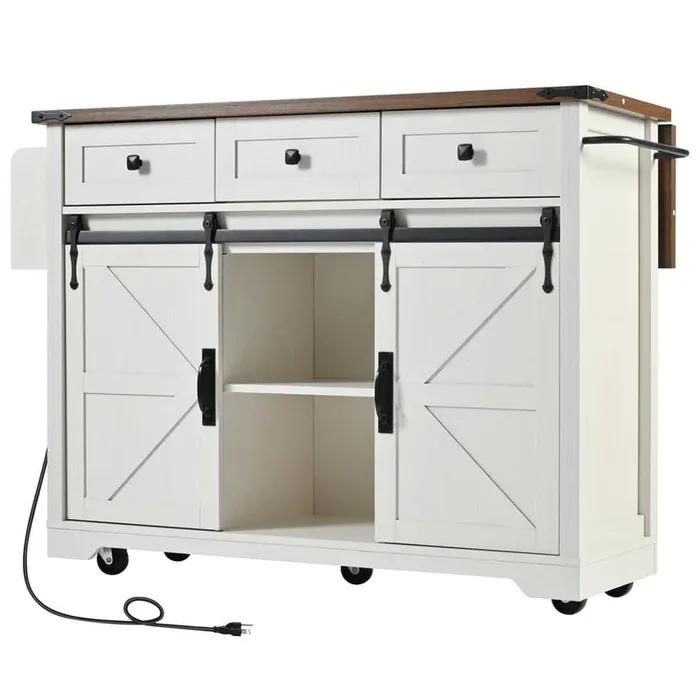 White Wood 53.8 in. Farmhouse Kitchen Island Cart with Drop Leaf, Power Outlet, Sliding Barn Doors and 3-Drawers
