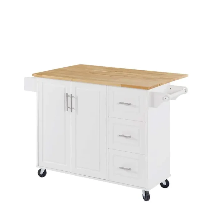 White Wood 53.8 in. Kitchen Island with Drop Leaf Countertop, 3 Storage Drawers, Towel Rack and Spice Rack