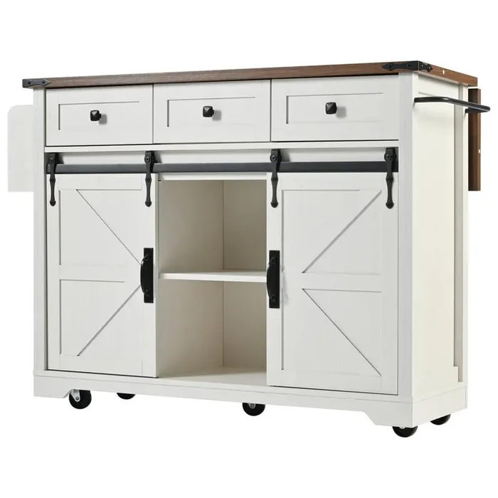 White Wood 53.8 in. Kitchen Island with Power Outlet, Drop Leaf and Drawers