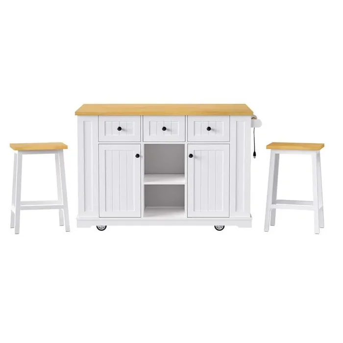 White Wood 53 in. Kitchen Island on 5-Wheels with 2-Bar Stools and Drop Leaf