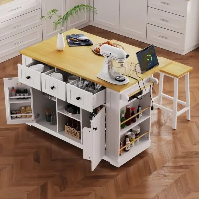 White Wood 53 in. Kitchen Island with 2 Bar Stools, Drop Leaf, 3-Power Outlet and 5 Open Side Racks for Kitchen Room