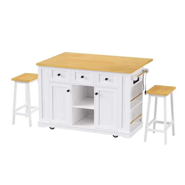 White Wood 53 in. Kitchen Island with 2 Bar Stools, Power Outlet, Drop Leaf, 5 Open Side Racks, 3 Drawers and 5 Wheels