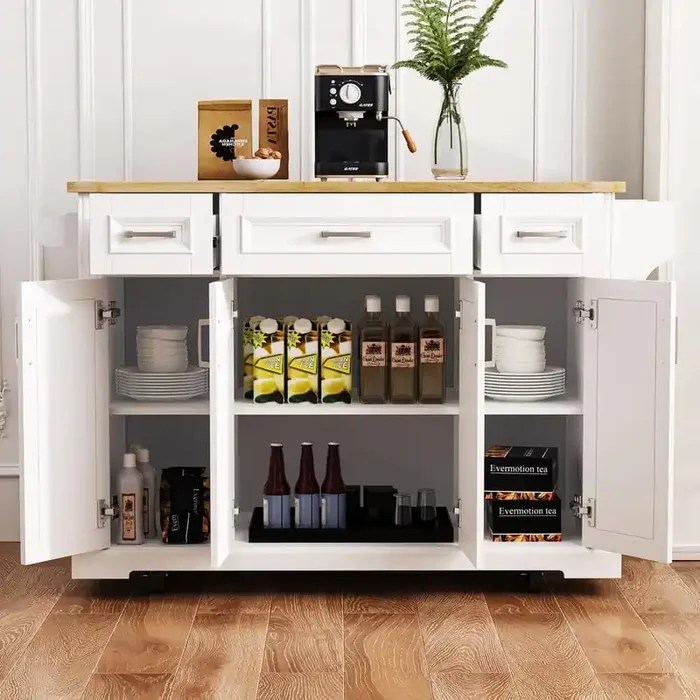 White Wood 54.1 in. Large Kitchen Island with Drop Leaf, Spice Rack, Towel Rack, 4-Doors and 3-Drawers