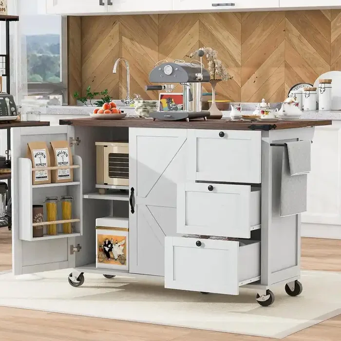 White Wood 54.5 in. Kitchen Island with Internal Storage Rack, Drop Leaf, Spice Rack, Rolling Kitchen Cart on Wheels
