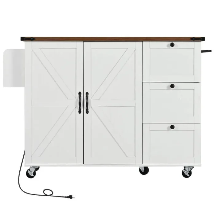 White Wood 54.50 in. Kitchen Island with Internal Storage Rack, Drop Leaf, Spice Rack and Wheels