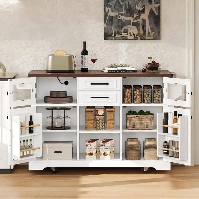 White Wood 54.9″ Rolling Kitchen Island with Drop Leaf