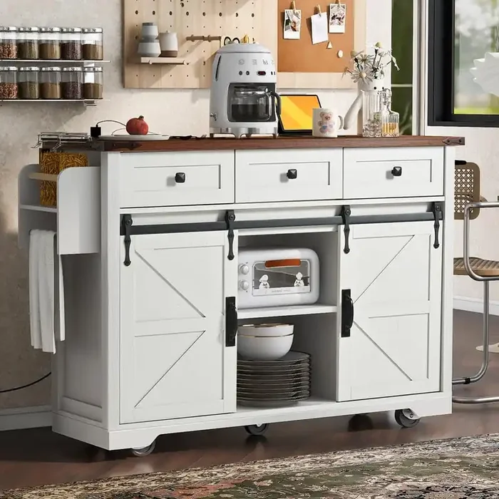 White Wood 54 in. Kitchen Island with 5 Wheels and 3 Drawers, Towel Rack, Drop Leaf, Power Outlet