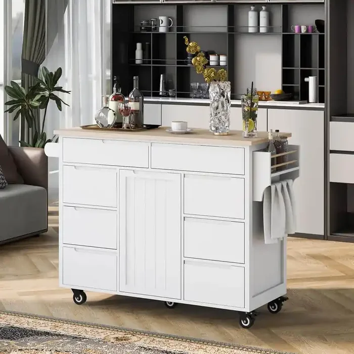 White Wood 54 in. Kitchen Island with 8 Handle-Free Drawers and 5-Wheels