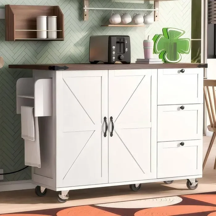 White Wood 54 in. Kitchen Island with Drop Leaf, 2-Power Outlet Internal Storage Rack for Home, Kitchen and Dining Room