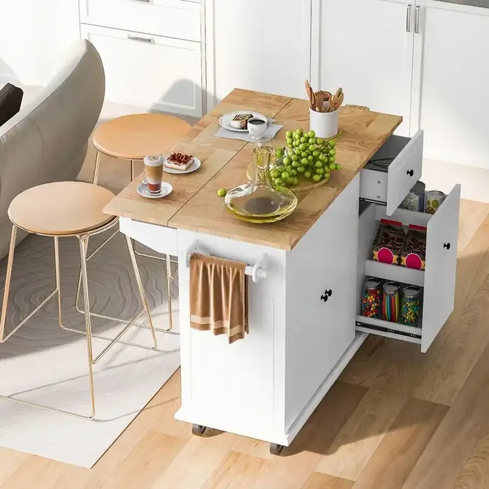 White Wood 54 in. Kitchen Island with Drop Leaf, Storage Rack and 3-Tier Pull Out Cabinet Organizer for Kitchen Room