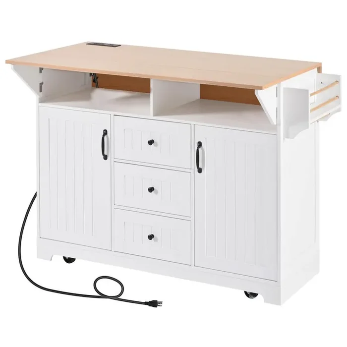 White Wood 55.7 in. Kitchen Island with 2 Drop Leaf, Power Outlet, Spice & Towel Rack, 3 Drawers and 5 Wheels