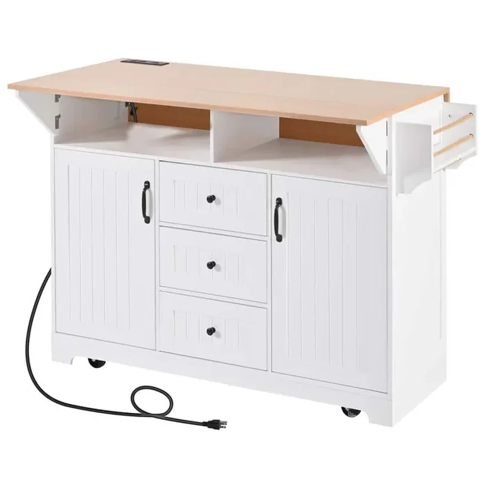 White Wood 55.7 in. Kitchen Island with 2 Drop Leaf, Power Outlet, Spice & Towel Rack, 3 Drawers