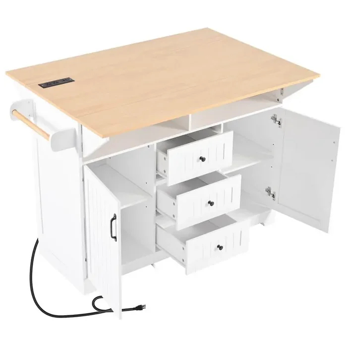 White Wood 55.7 in. Kitchen Island with 5 Wheels, 2 Drop Leaf, 3 Drawers, Towel Rack, Power Outlet