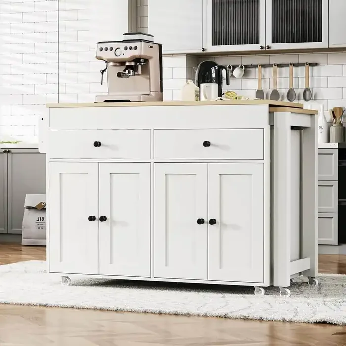 White Wood 74.5 in. Large Kitchen Island (Chairs Not Included) with 4 Door, 2 Drawers, Spice Rack