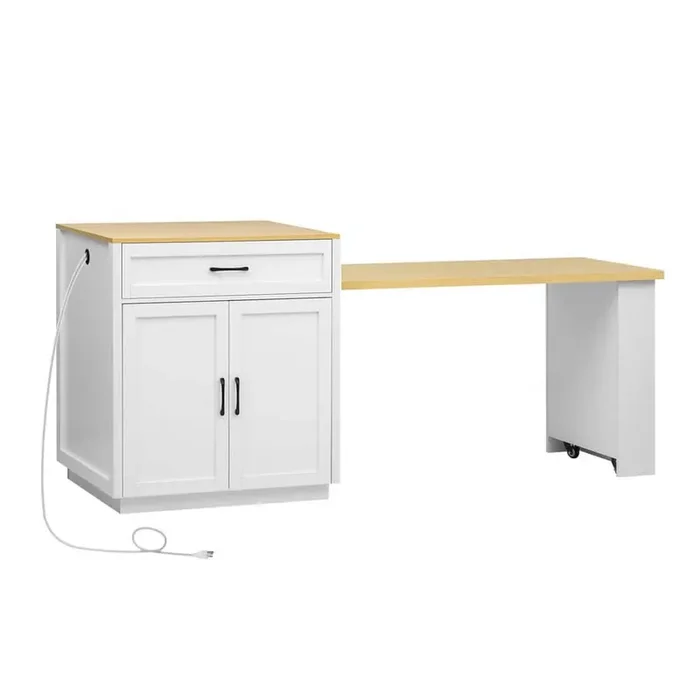 White Wood 82.7 in. Kitchen Island with Extendable Dining Table for 4-6 Person, 2-Tone Kitchen Table