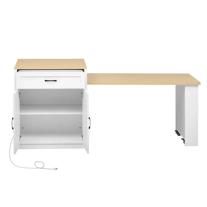 White Wood 82.7 in. Kitchen Island with Extendable Dining Table, Power Outlet, 2 Drawers and 2 Open Shelves