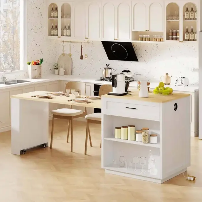 White Wood 82.7 in. Kitchen Island with Extendable Dining Table with Double-sized Storage and 2 Drawers for 4-6 Person