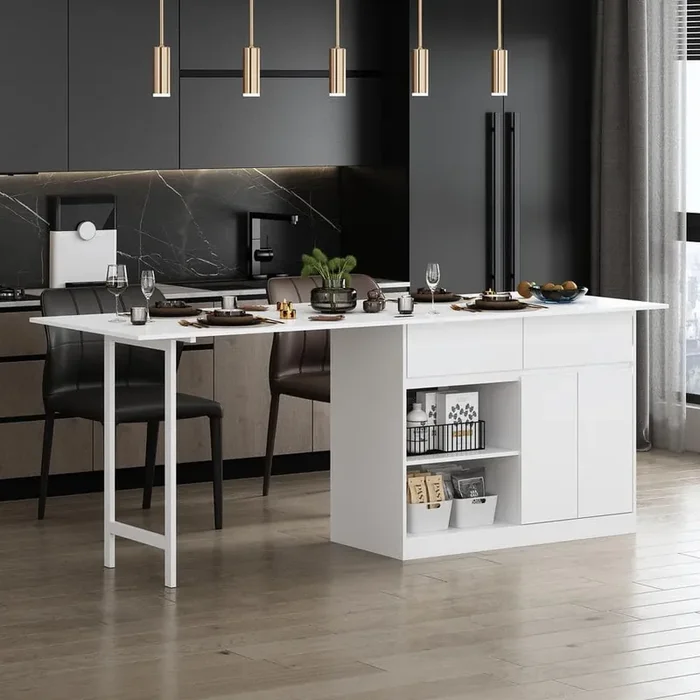 White Wood 86.2 in. W Kitchen Island Dining Bar Table With Extendable Table Top,-Door Cabinet,-Drawers, Open Shelves